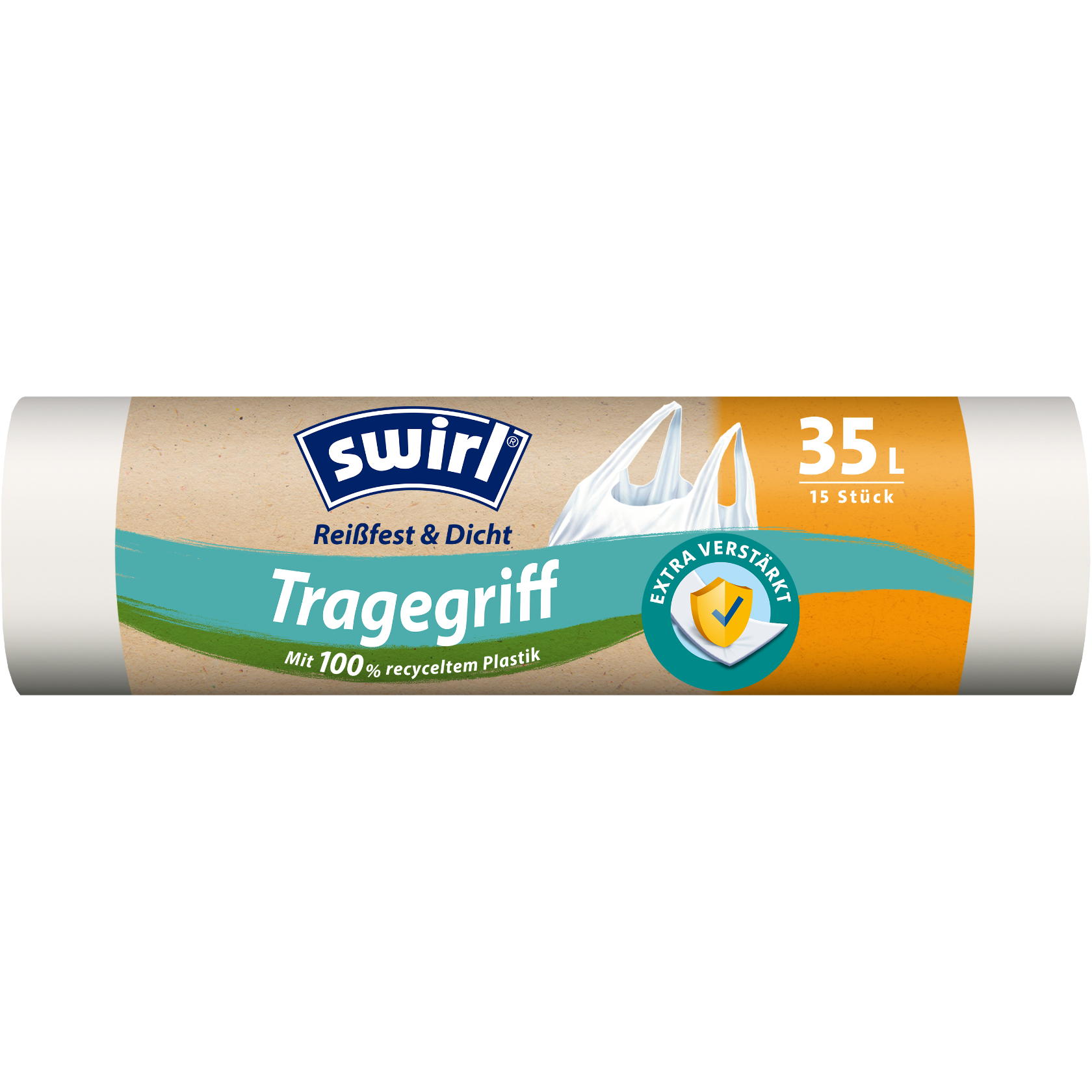 Swirl reißfest und dicht Tragegriff-Müllbeutel Verpackung Vorderseite - 35 Liter, 15 Stück