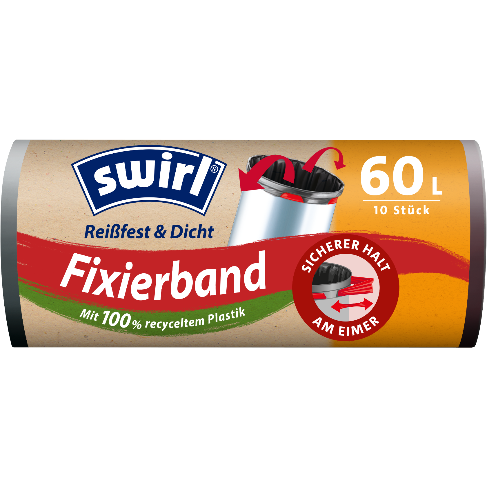 Swirl Fixierband-Müllbeutel Verpackung Vorderseite - 60 Liter, 10 Beutel
