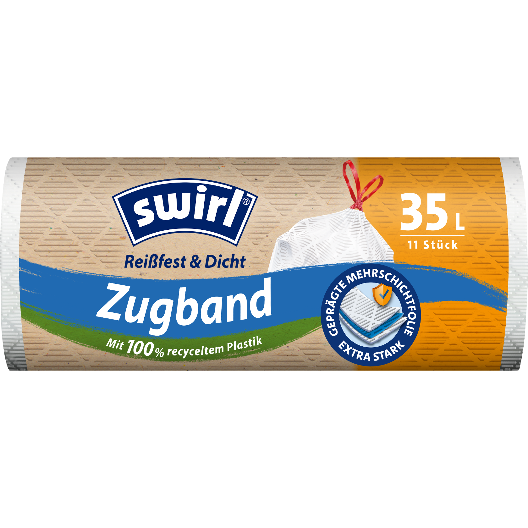 Swirl reißfest und dicht Zugband-Müllbeutel Verpackung Vorderseite - 35 Liter
