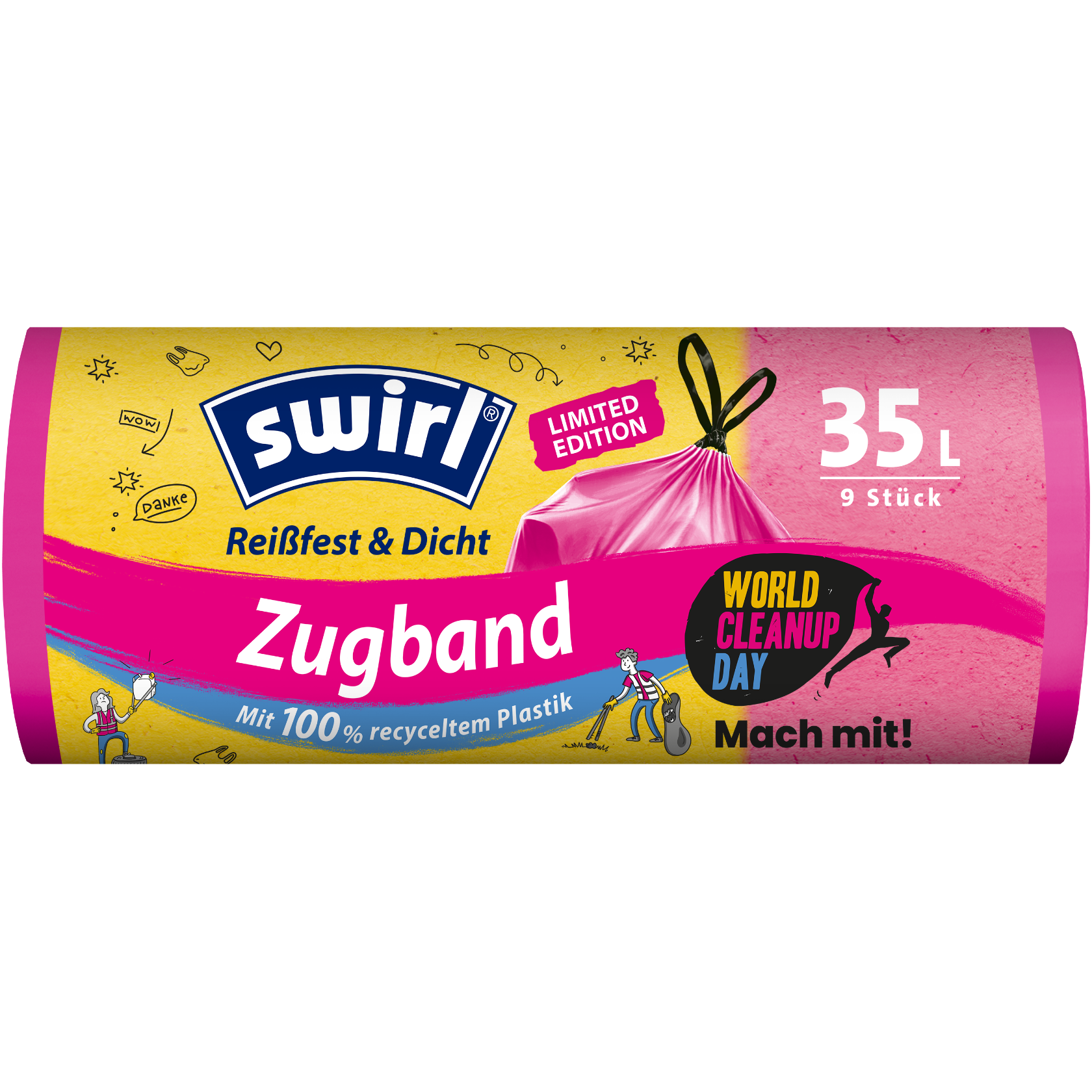 Swirl reißfest und dicht Zugband-Müllbeutel Verpackung Vorderseite - 35 Liter