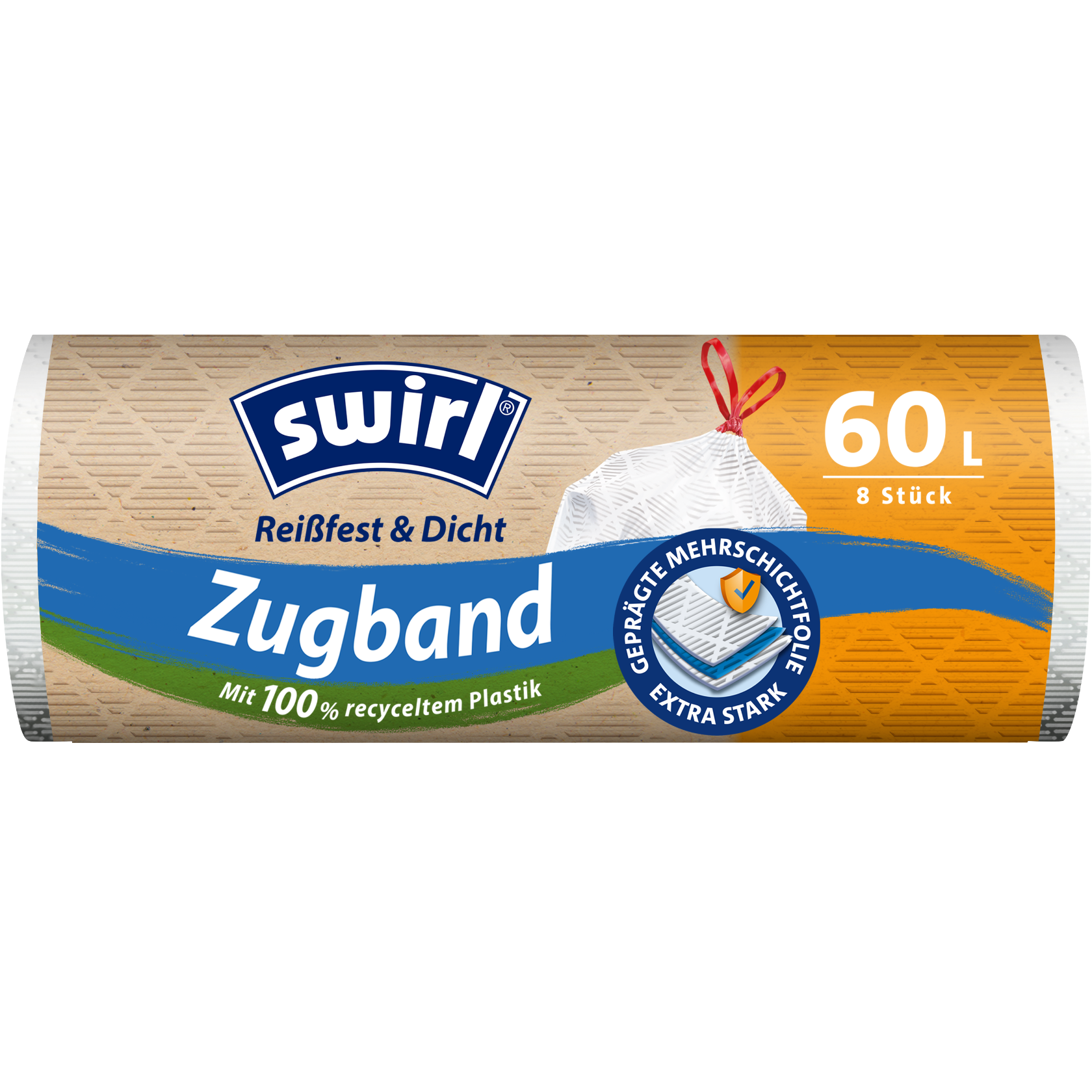 Swirl reißfest und dicht Zugband-Müllbeutel Verpackung Vorderseite -  60 Liter, 8 Stück