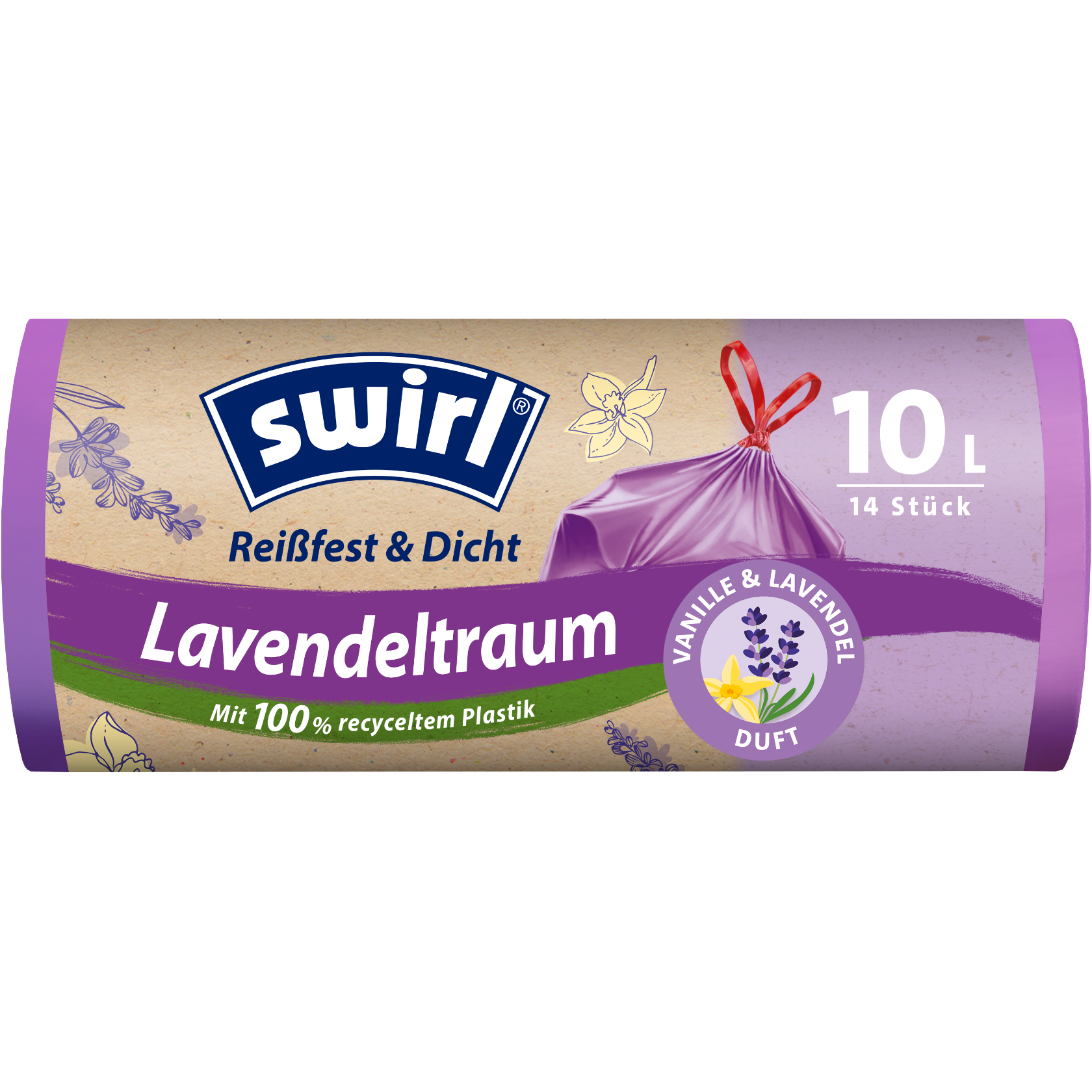 Swirl Vanille-Lavendel-Duft-Müllbeutel Verpackung Vorderseite - 10 Liter, 14 Stück