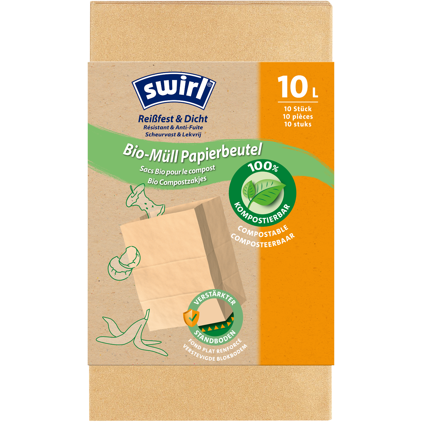 Swirl Bio-Müll Papierbeutel Verpackung Vorderseite - 10 Liter, 10 Stück