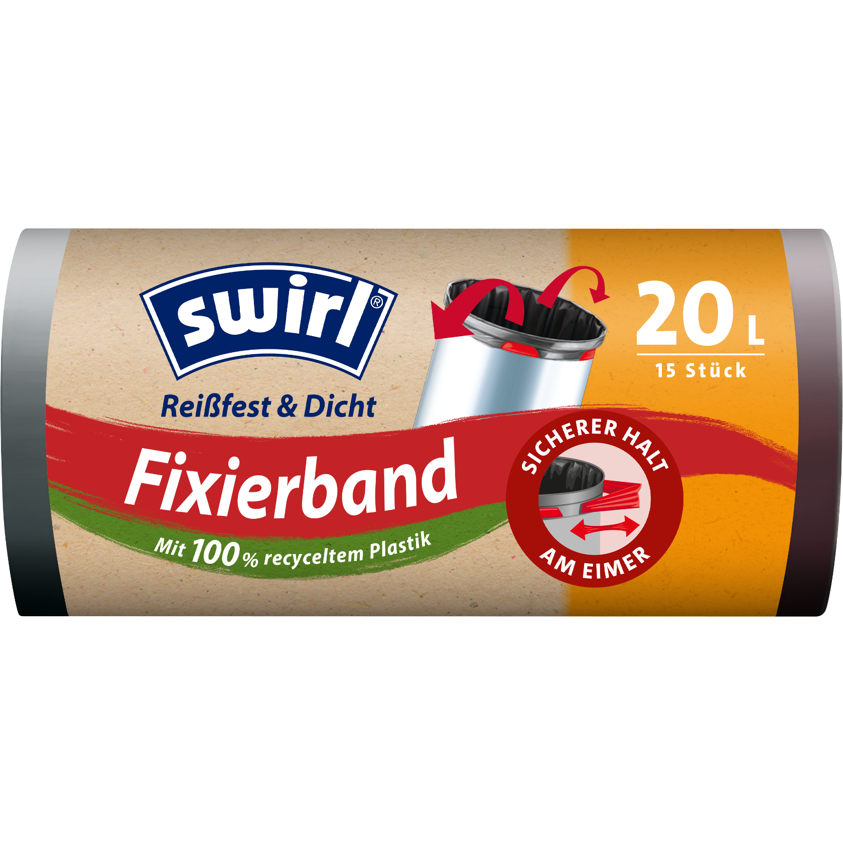 Swirl Fixierband-Müllbeutel Verpackung Vorderseite - 20 Liter, 15 Beutel