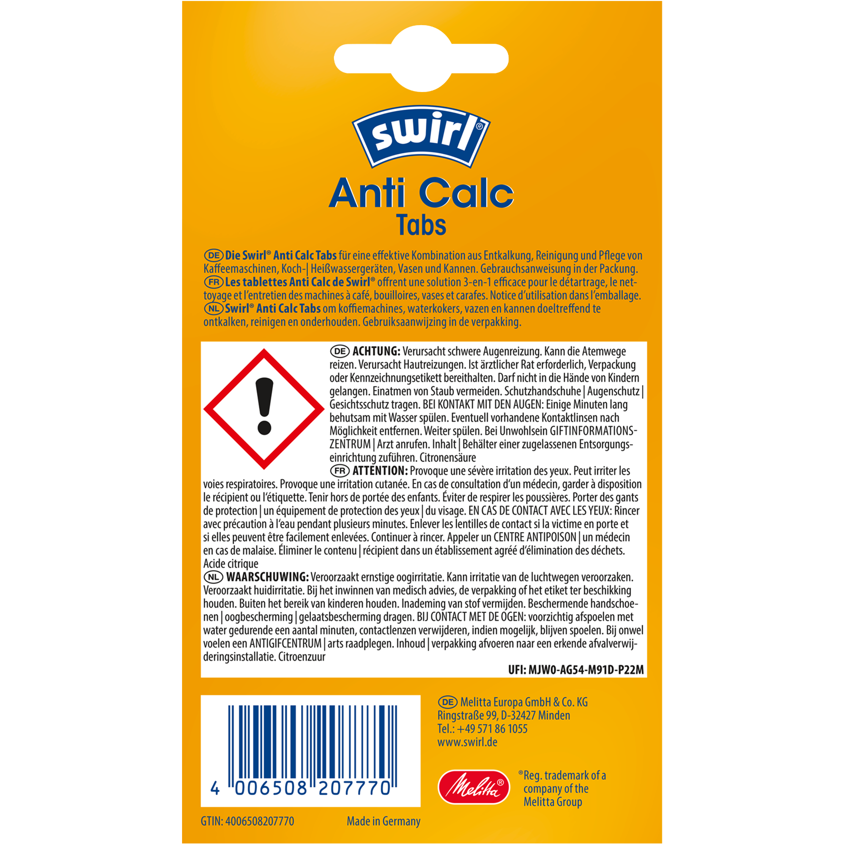 Swirl Anti Calc Tabs Verpackung Rückseite