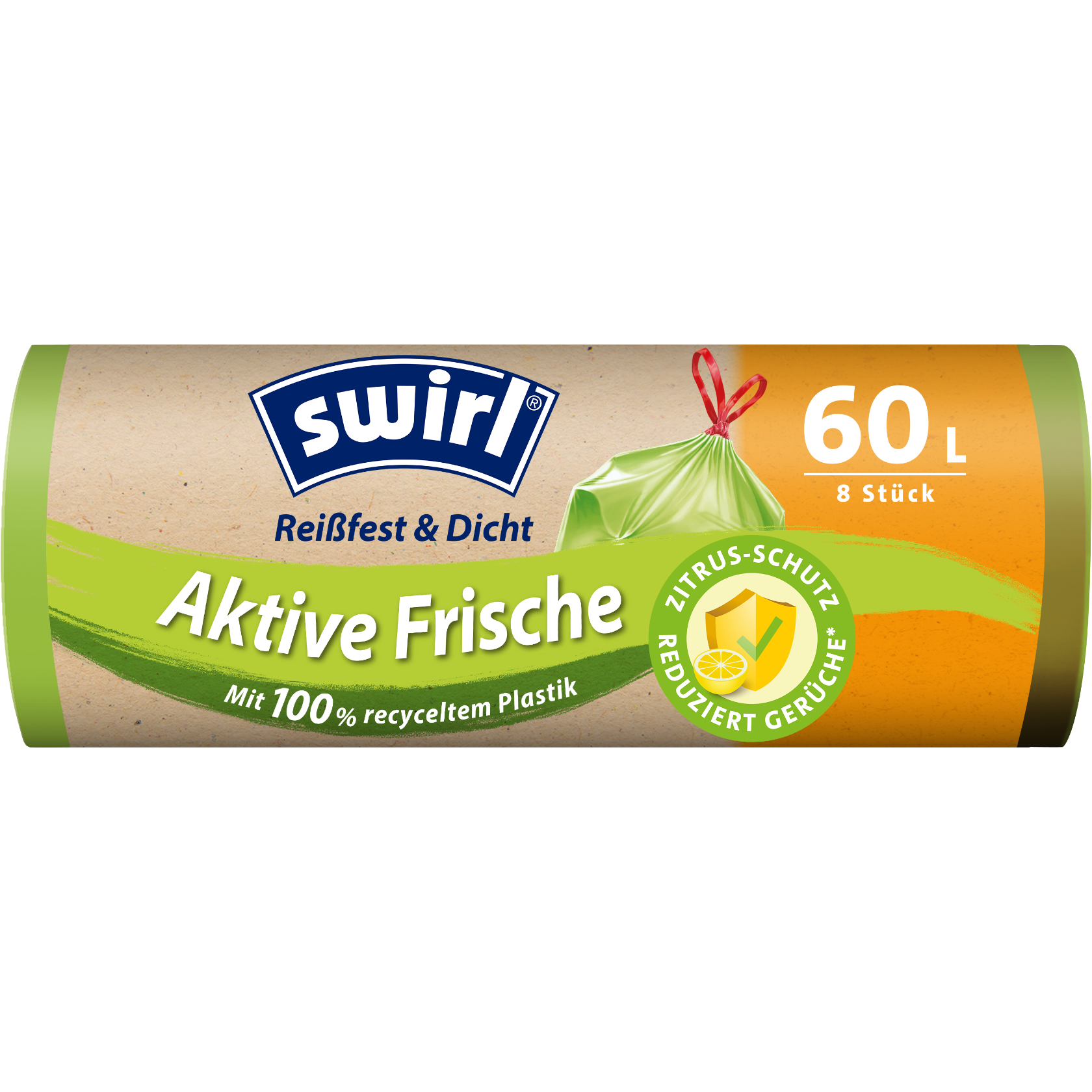 Swirl Aktive Frische Müllbeutel Verpackung Vorderseite - 60 Liter, 8 Stück